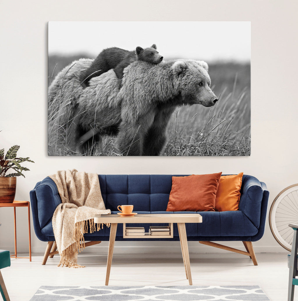 Bear and Cub Wall Art Canvas | Grizzly 399 Bear and Cub Black and White Wildlife Print