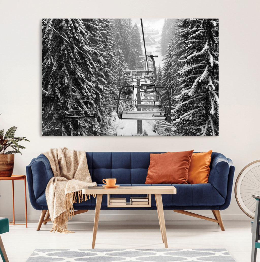 Winter Ski Lift Black and White Canvas Wall Art | Alpine Escape in Minimalist Style