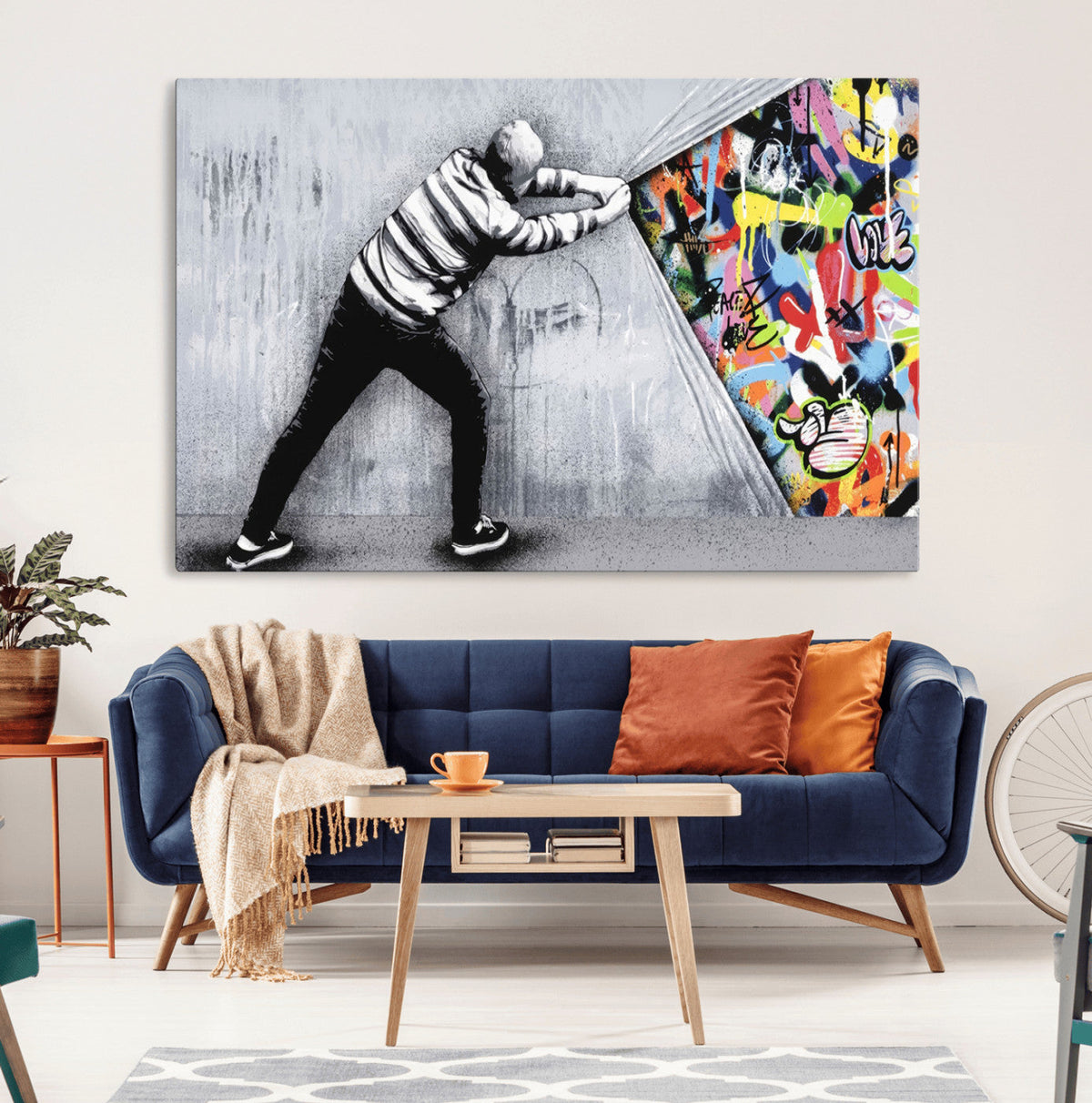 Banksy Art Behind the Curtain Street Wall Art Canvas Print | Urban Graffiti Style Wall Decor