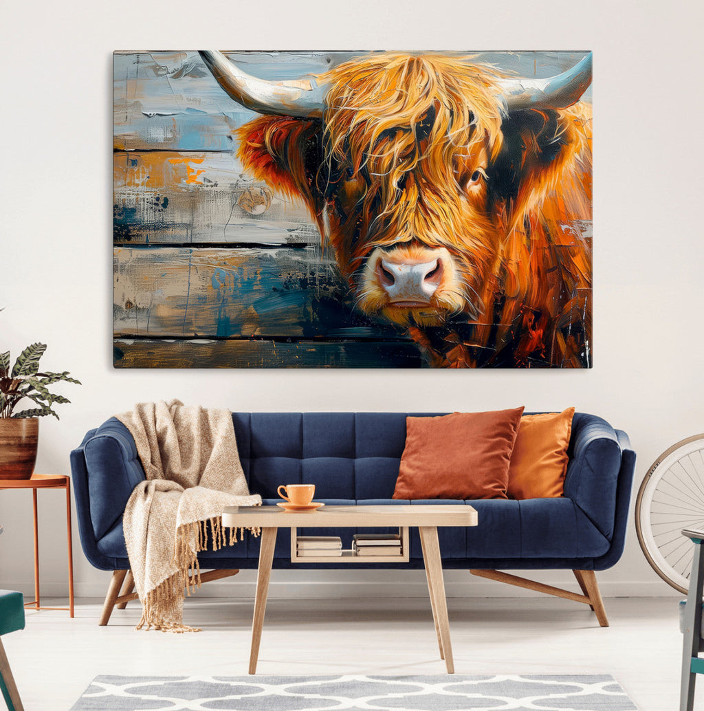Highland Cow Abstract Canvas Wall Art, Bold Farmhouse Decor
