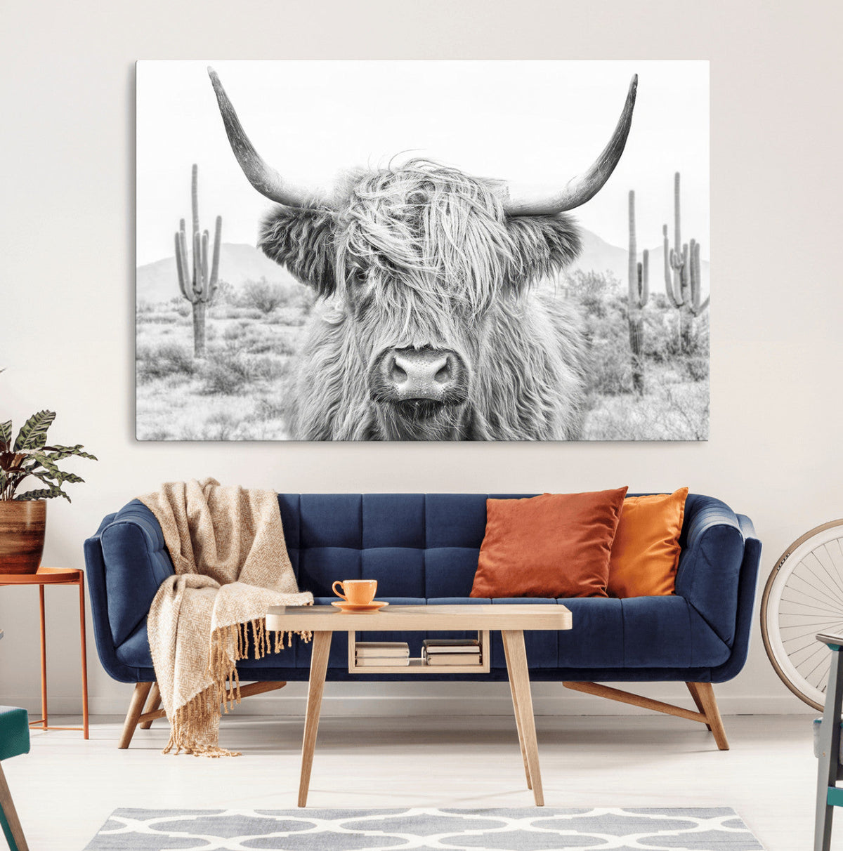 Rustic Charm, Cow Longhorn Black White Bighorn Wall Art