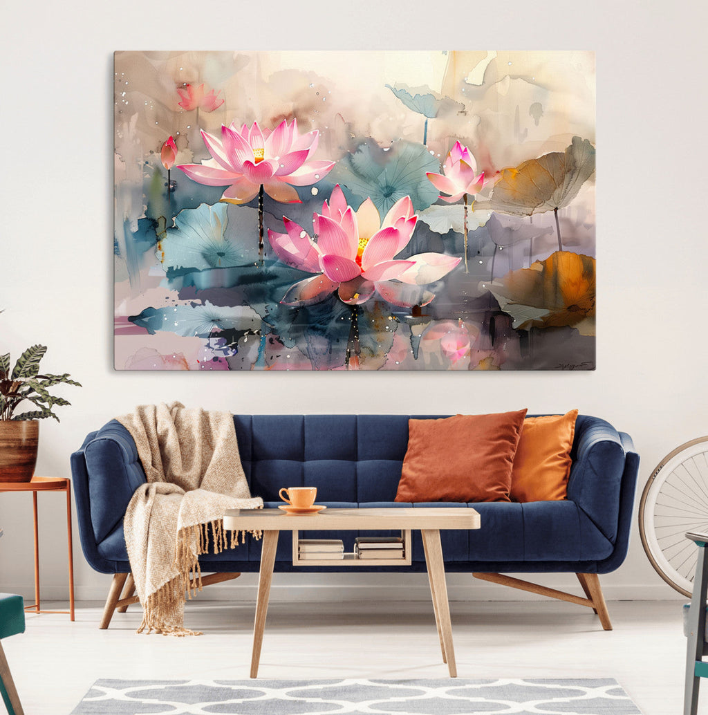 Lotus Flower Wall Art | 3 Panel Giclee Canvas Print of Pink Lotus Blossoms