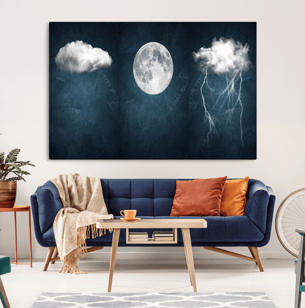3 Piece Indigo Cloud Wall Art, Thunderstorm Moon Cloud Artwork