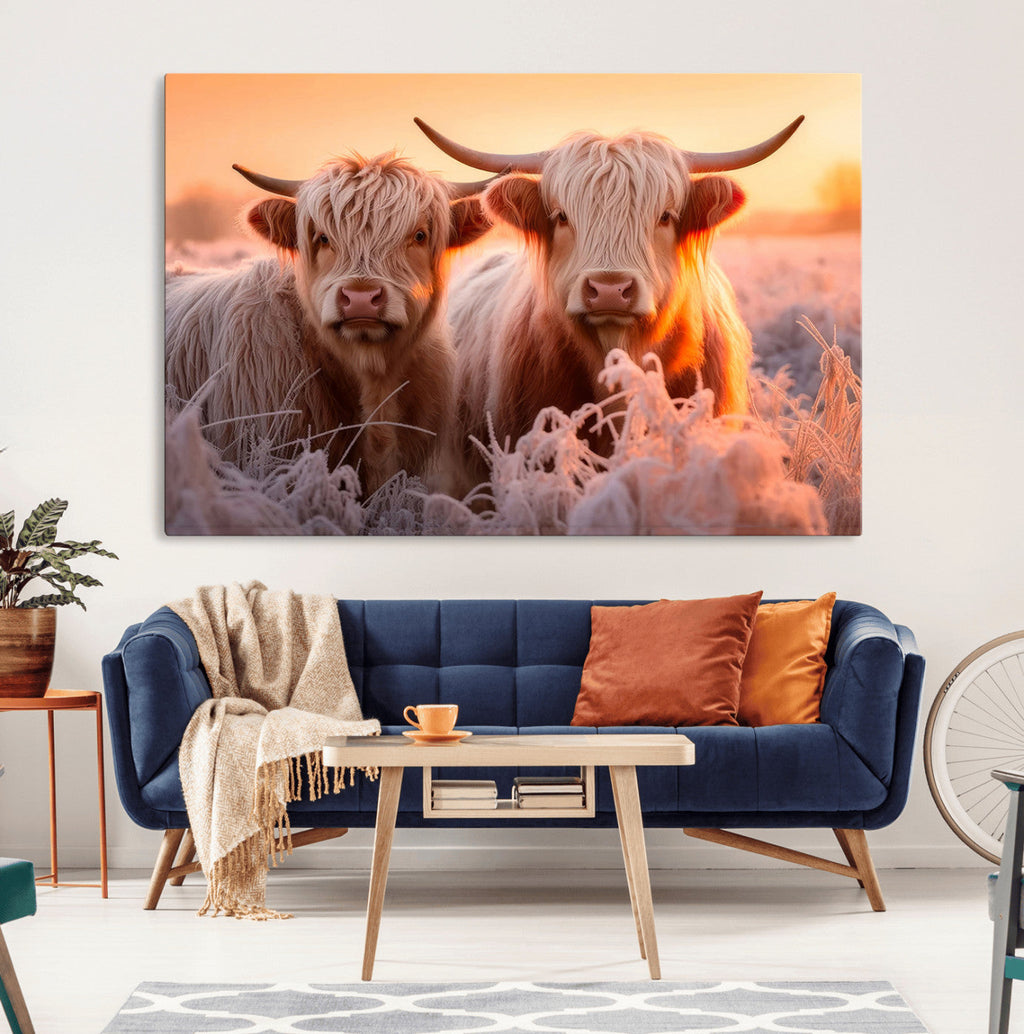 Highland Cows at Sunrise Wall Art Canvas Set