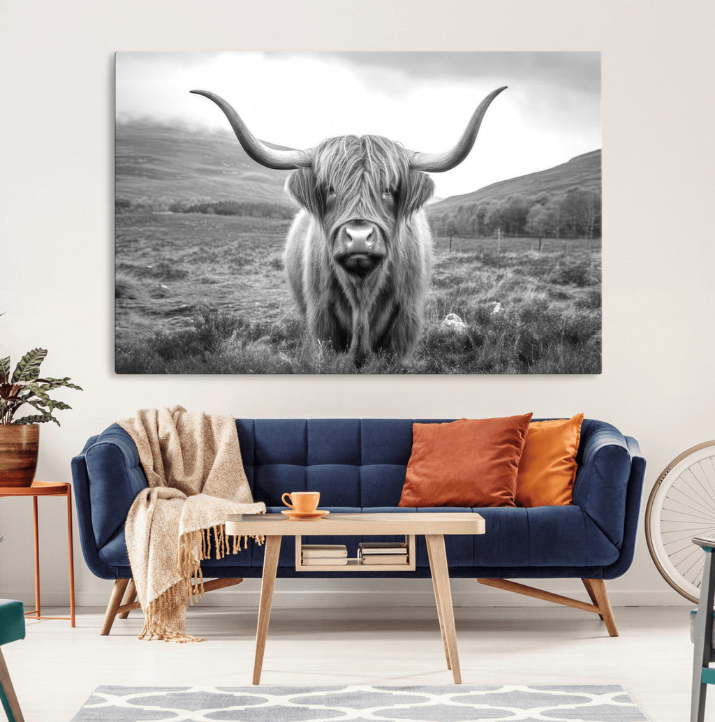 Black White Scottish Highland Cow Canvas Farm Wall Art