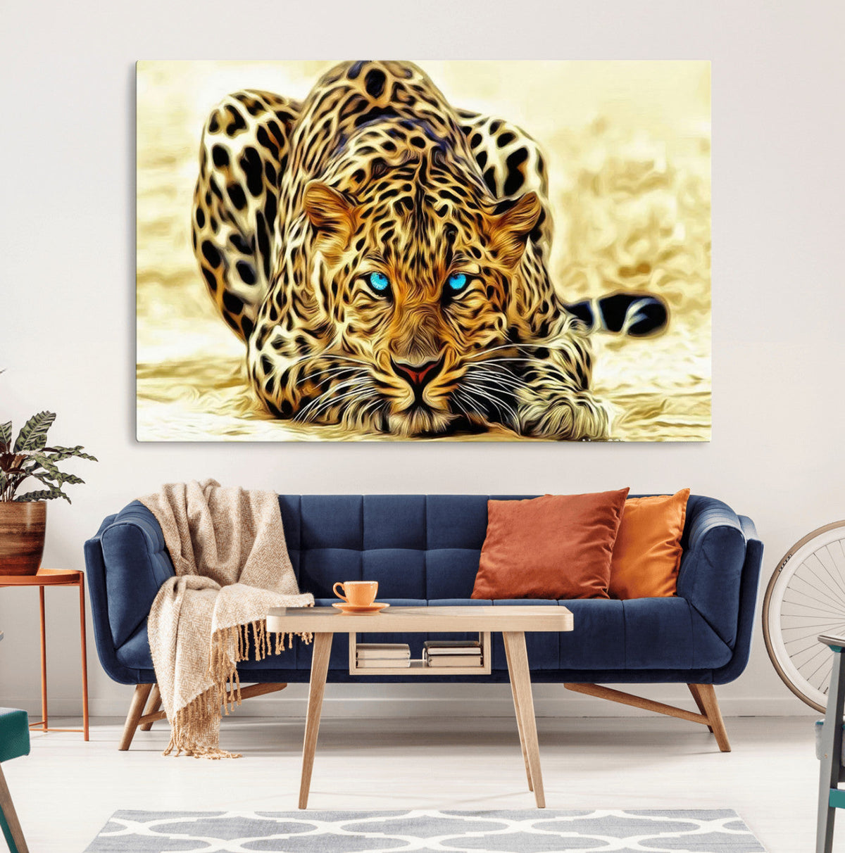 Blue-Eyed Leopard Canvas Wall Art, Framed Animal Print, Fierce and Bold Decor for Living Rooms