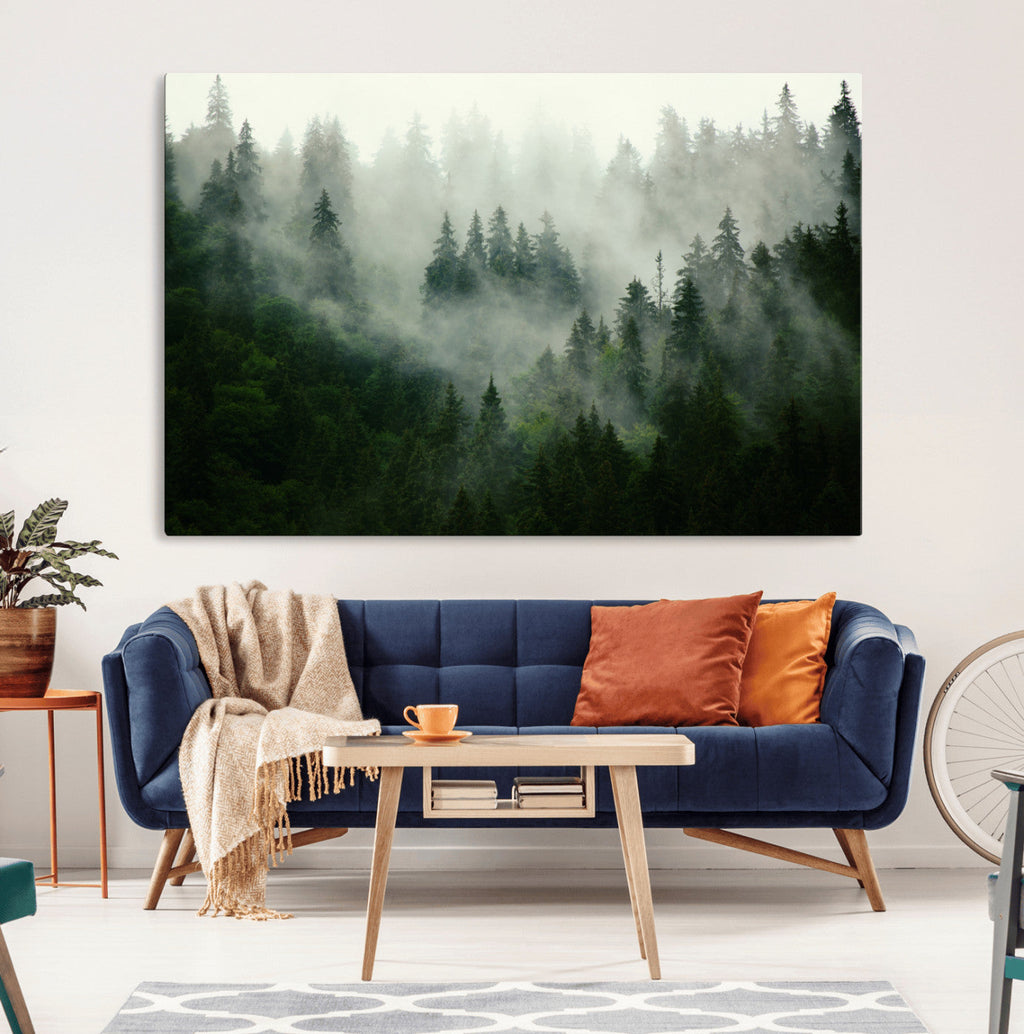 Misty Forest Wall Art | Tranquil Green Woodland Canvas Print