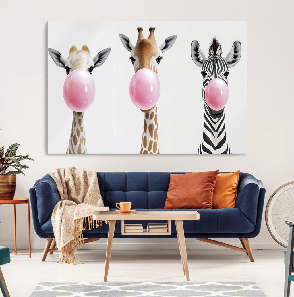 Bubblegum Animals Canvas Wall Art, Playful Giraffe and Zebra Trio, Whimsical Nursery and Kids Room Decor