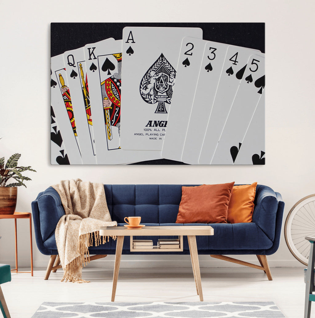 Poker Wall Art - Playing Cards Canvas Wall Art Print - Ace of Spades and Royal Flush Design