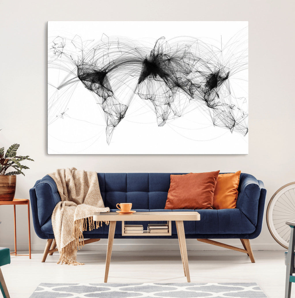 Abstract World Map Wall Art | Framed Geometric Line Canvas