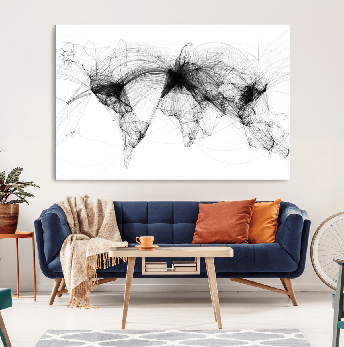 Abstract World Map Wall Art | Framed Geometric Line Canvas