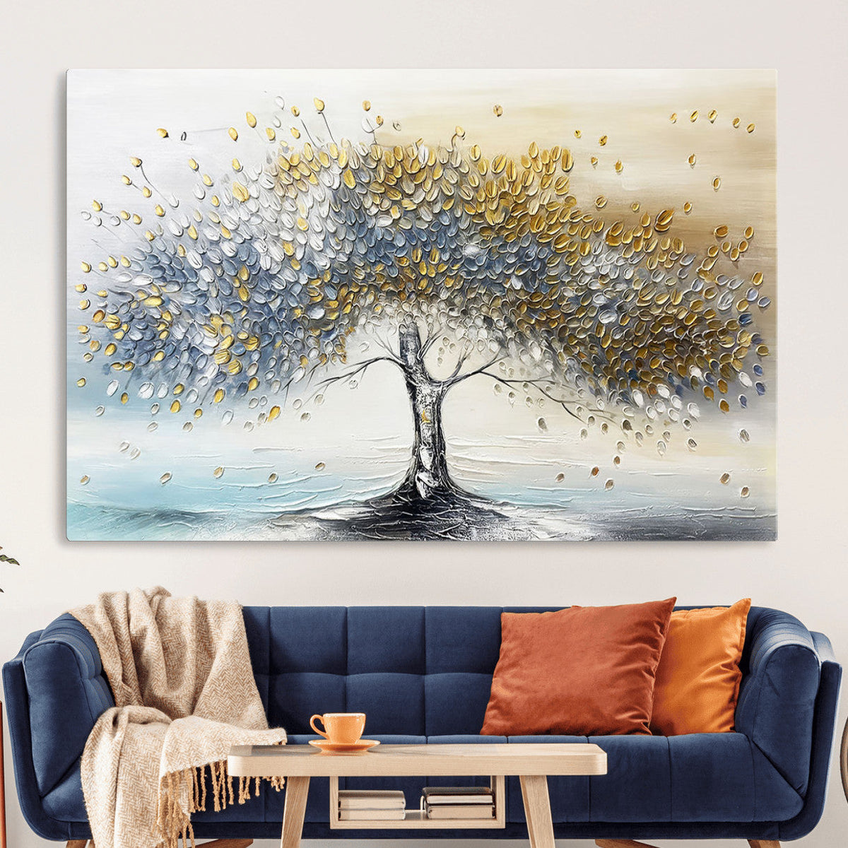Golden and Silver Tree Wall Art | Framed Elegant Leaves Canvas