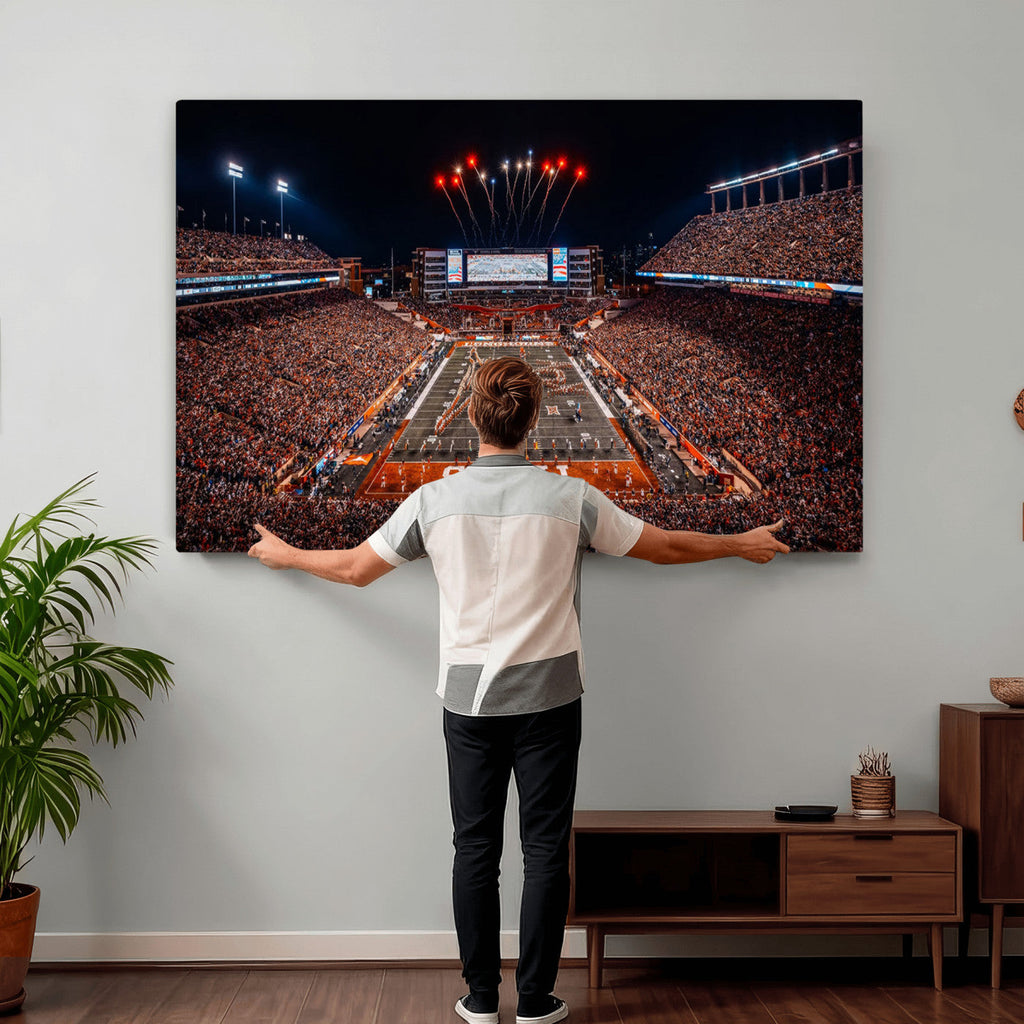 Texas Stadium Night Game Wall Art Canvas Print, Vibrant Football Fireworks Scene