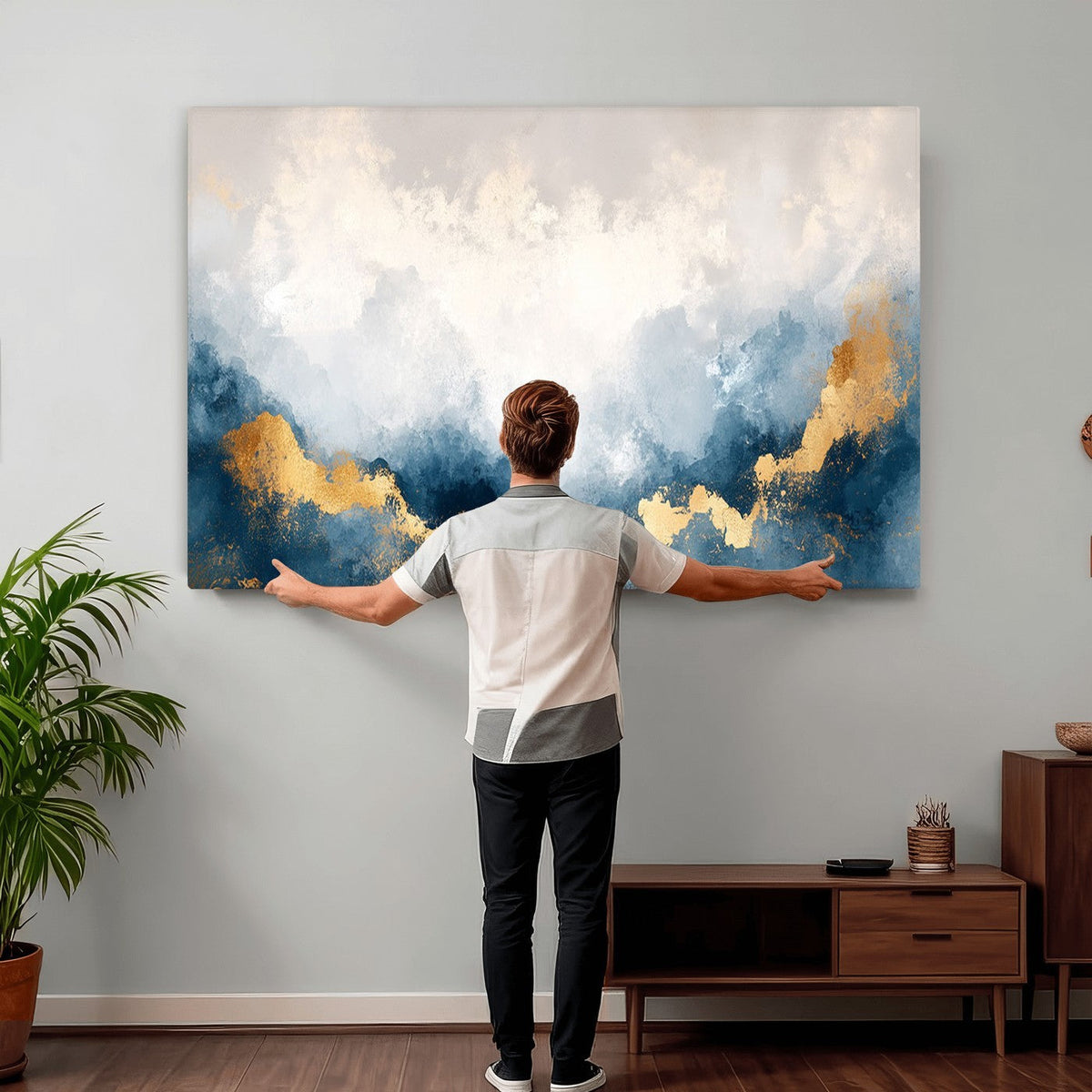 Abstract Blue and Gold Clouds Wall Art Canvas Print, Framed Modern Landscape Artwork