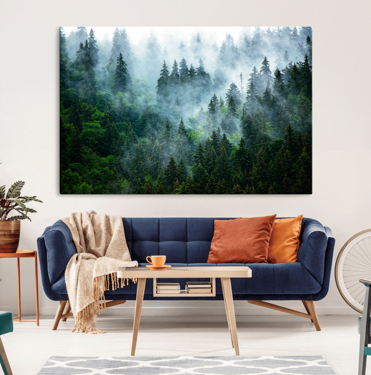Misty Forest Wall Art Canvas Print, Framed Foggy Mountain Art, Large Scenic Woodland Canvas