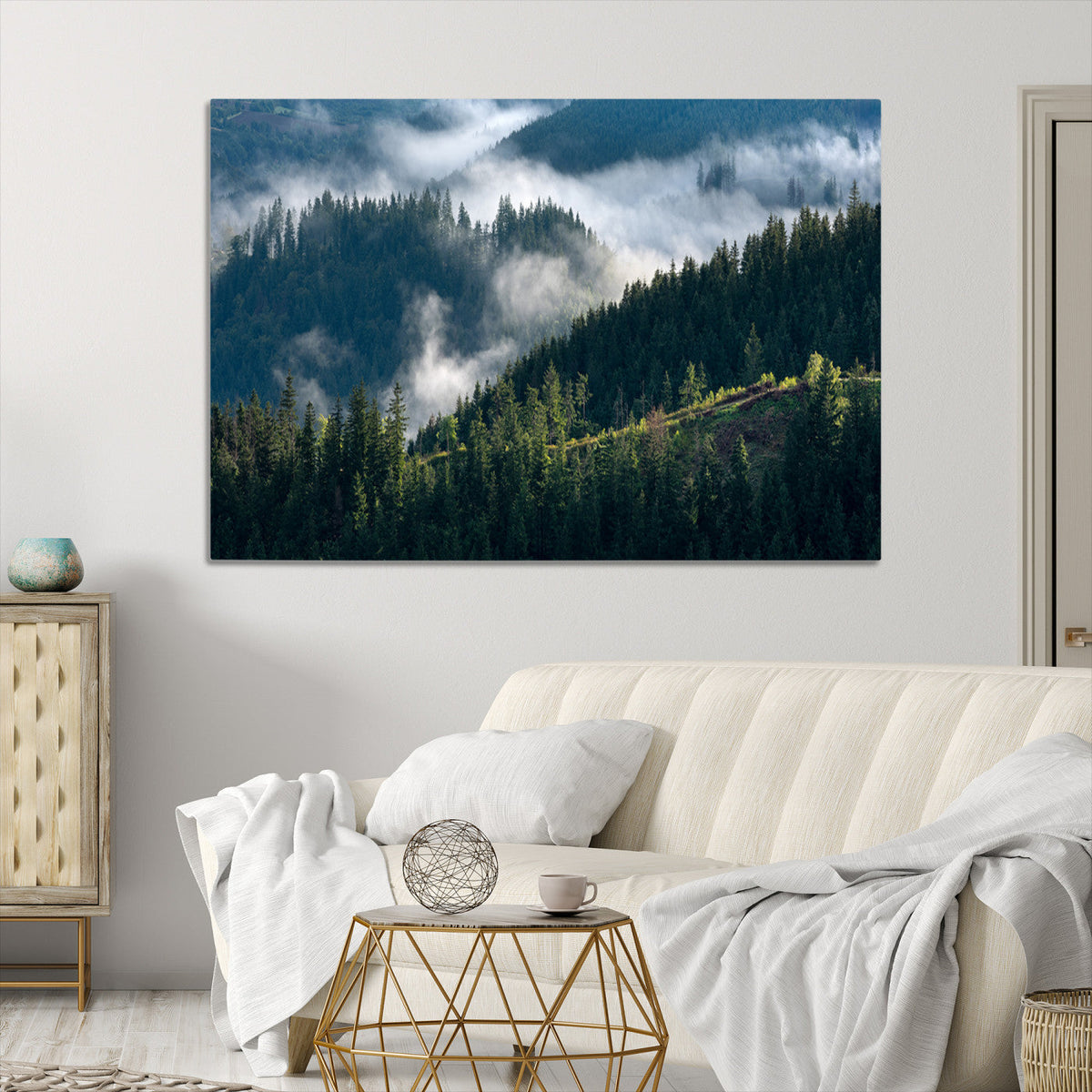 Misty Forest Wall Art Canvas Print | Pine Hills with Foggy Trees