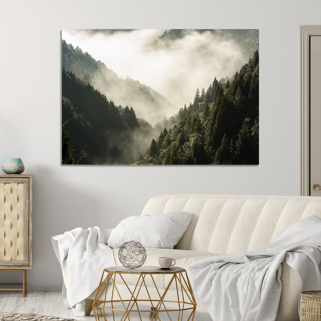 Misty Valley Wall Art Canvas Print | Foggy Forest and Pine Trees