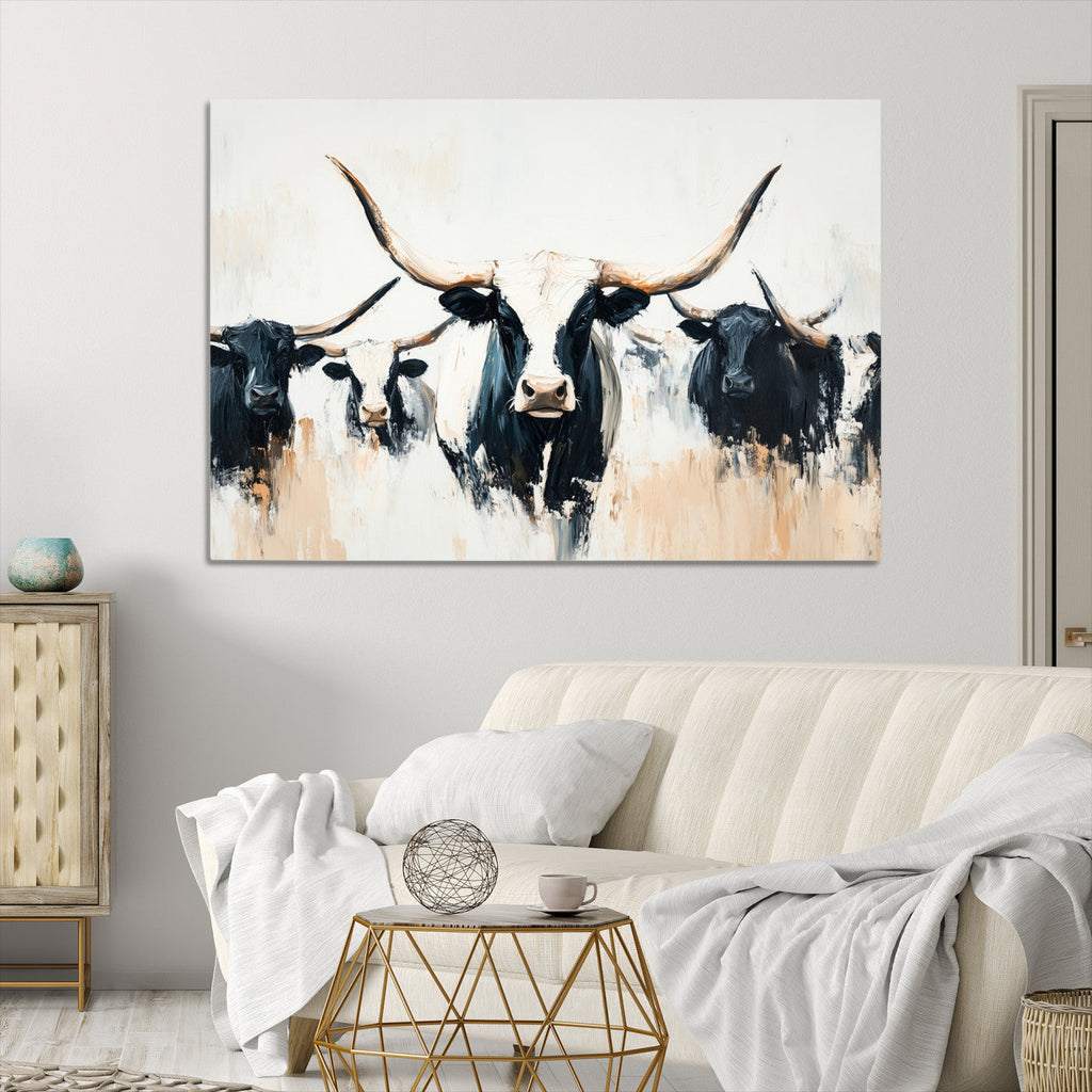 Texas Longhorn Wall Art Canvas Print | Majestic Horned Bull in Black and White