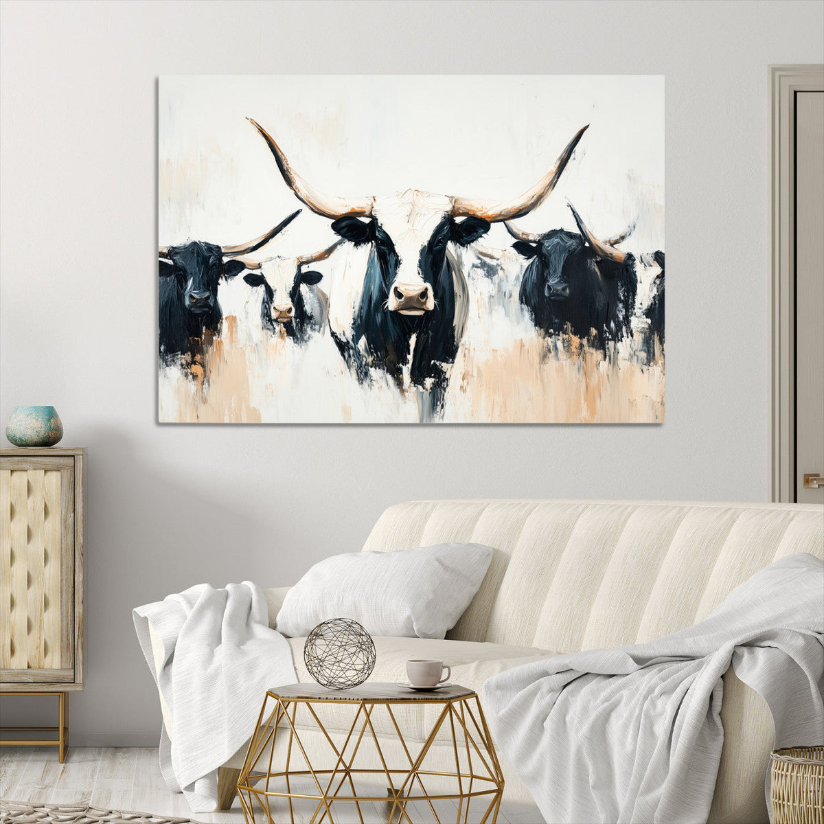 Texas Longhorn Wall Art Canvas Print | Majestic Horned Bull in Black and White
