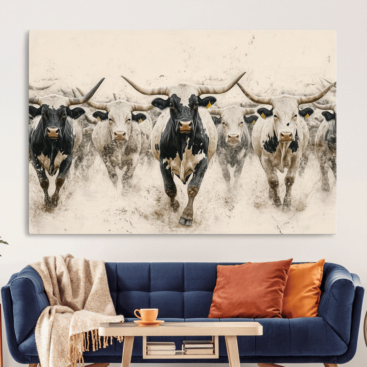 Texas Longhorn Wall Art | Framed Cattle Walking Canvas