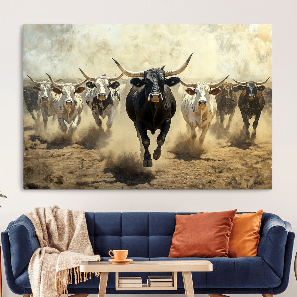 Texas Longhorn Wall Art | Framed Charging Cattle Canvas