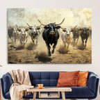 Texas Longhorn Wall Art | Framed Charging Cattle Canvas
