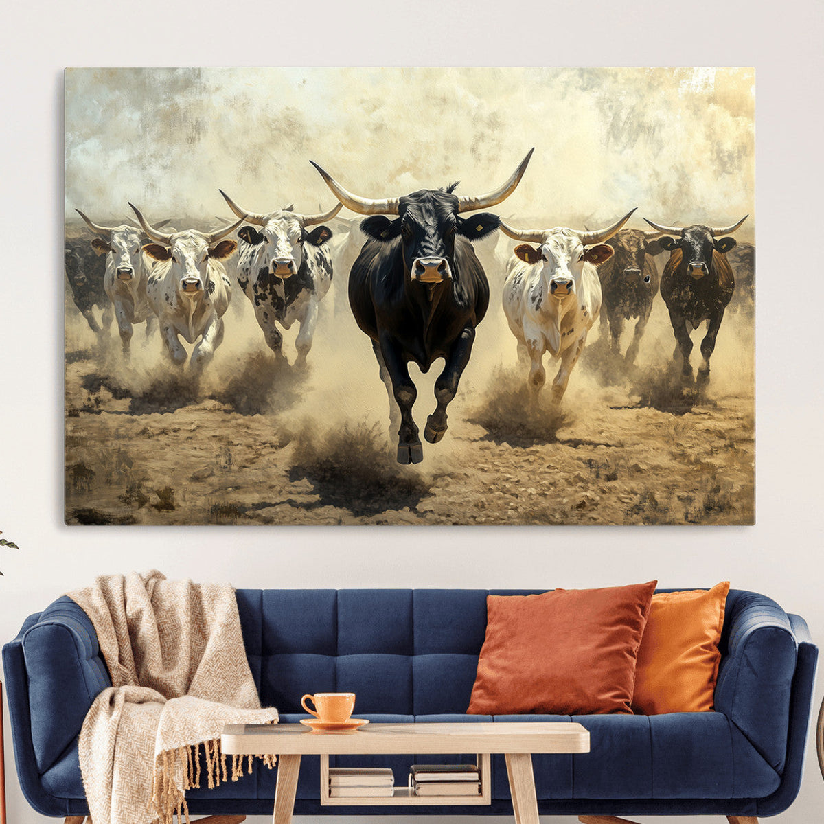 Texas Longhorn Wall Art | Framed Charging Cattle Canvas