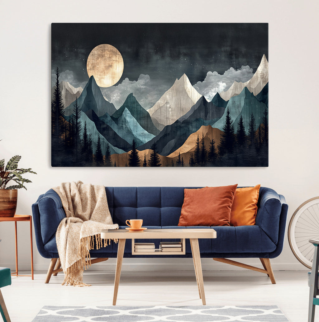 Moonlit Mountain Wall Art Canvas Print, Framed Silhouetted Pines Art, Layered Peaks Rustic Decor