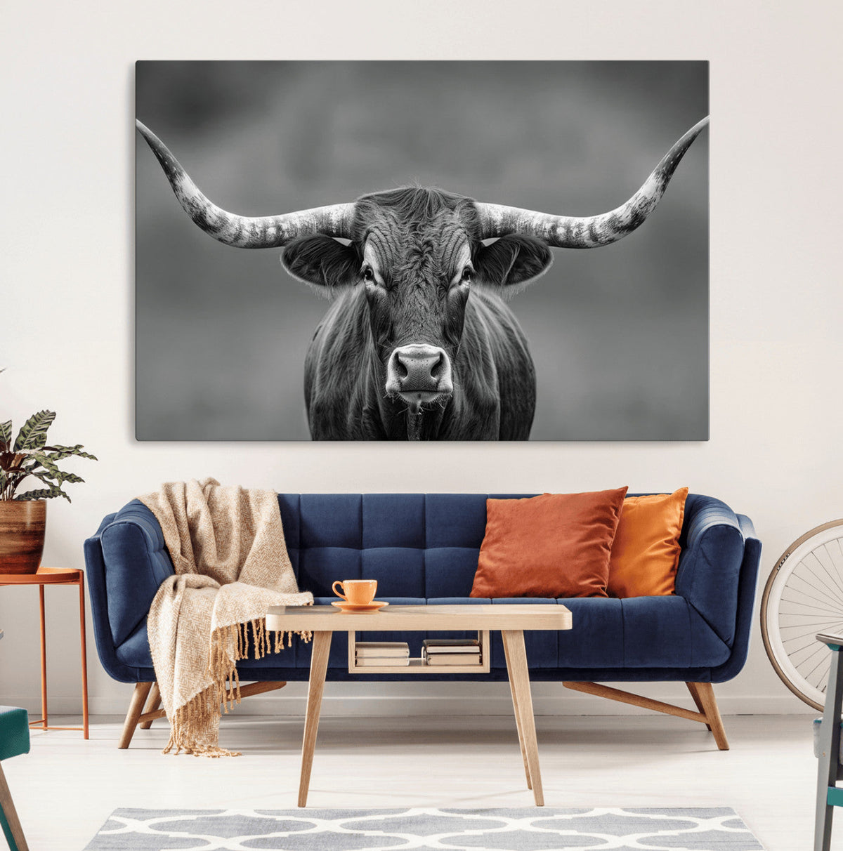 Texas Longhorn Wall Art Canvas Print, Framed Western Bull Photography, Rustic Log Cabin Decor