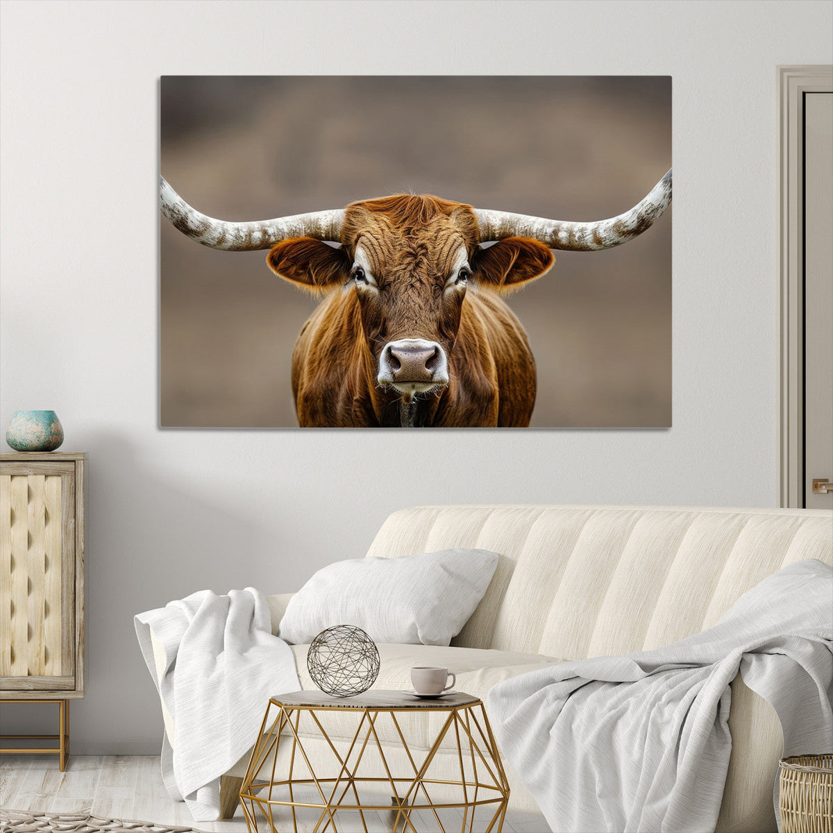 Texas Longhorn Wall Art Canvas Print | Rustic Brown Bull Western Decor