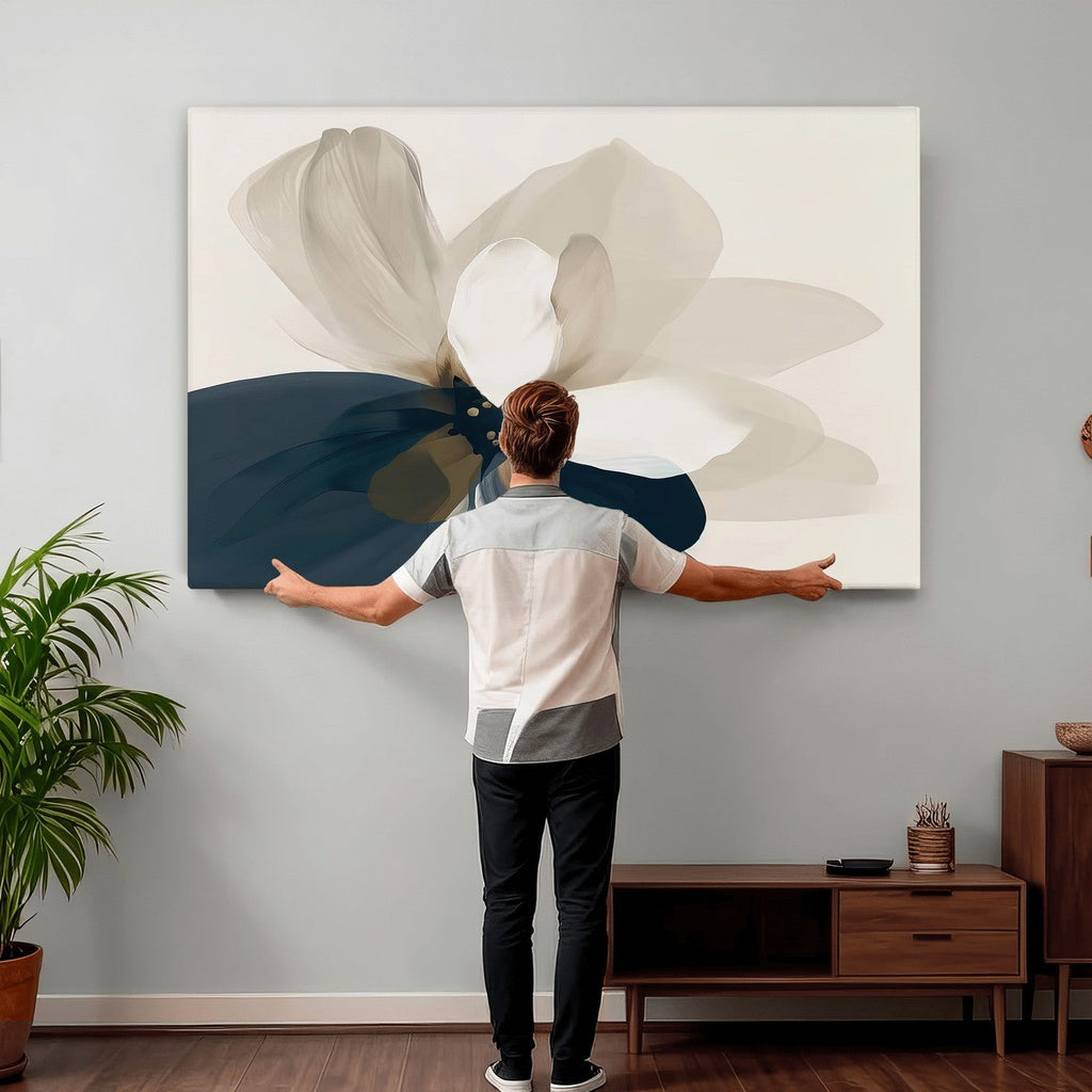 Minimal Flower Wall Art Canvas Print | Framed Beige and Navy Bloom