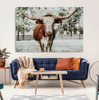 Texas Longhorn Wall Art Canvas Print | Framed Spotted Brown and White Bull