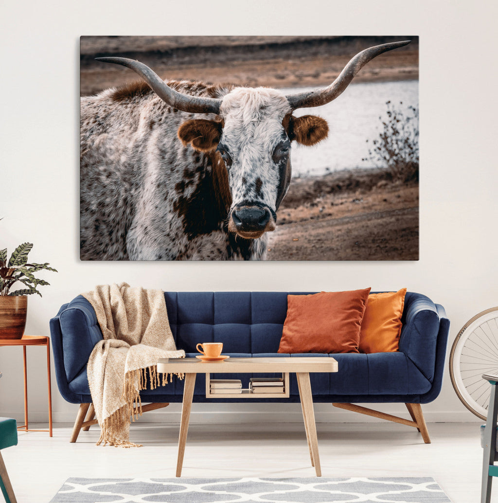 Texas Longhorn Wall Art Canvas Print | Framed Brown and White Spotted Longhorn
