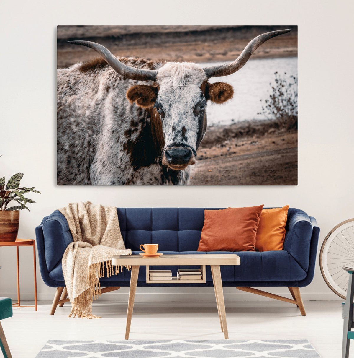 Texas Longhorn Wall Art Canvas Print | Framed Brown and White Spotted Longhorn