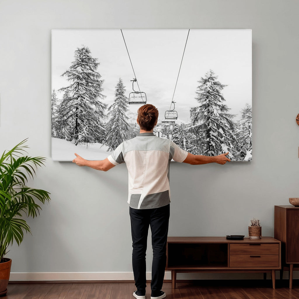 Snowy Ski Lift Wall Art | Framed Winter Forest Canvas