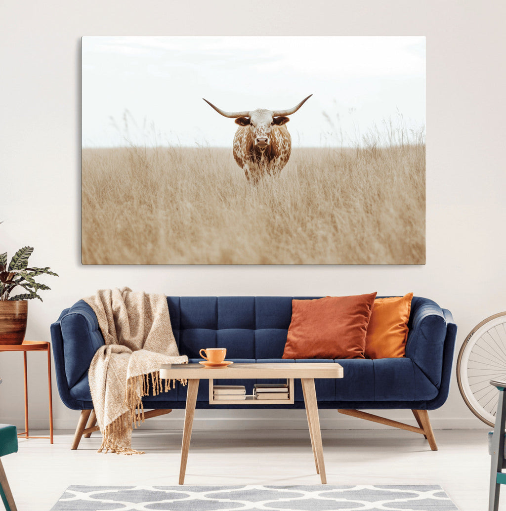 Texas Longhorn Wall Art Canvas Print, Framed Lone Cattle and Longhorn Bull Scene