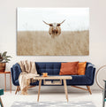 Texas Longhorn Wall Art Canvas Print, Framed Lone Cattle and Longhorn Bull Scene