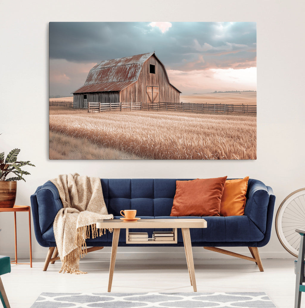 Rustic Barn Wall Art Canvas Print, Framed Wheat Field Scene