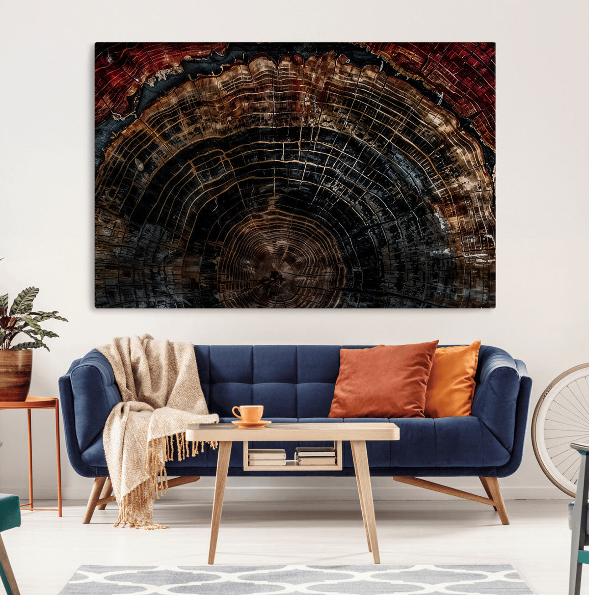 Dark Wood Ring Wall Art Canvas Print, Framed Abstract Tree Slice Print, Rustic Wood Grain Decor