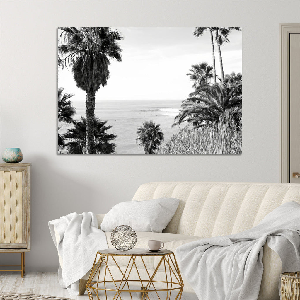 Palm Trees Wall Art Canvas Print, Framed Coastal Ocean Horizon Monochrome Art