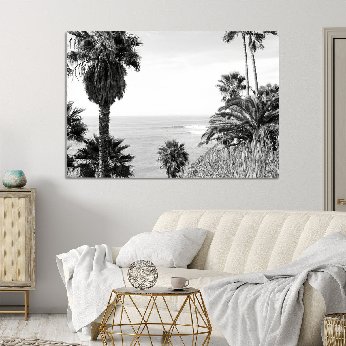 Palm Trees Wall Art Canvas Print, Framed Coastal Ocean Horizon Monochrome Art