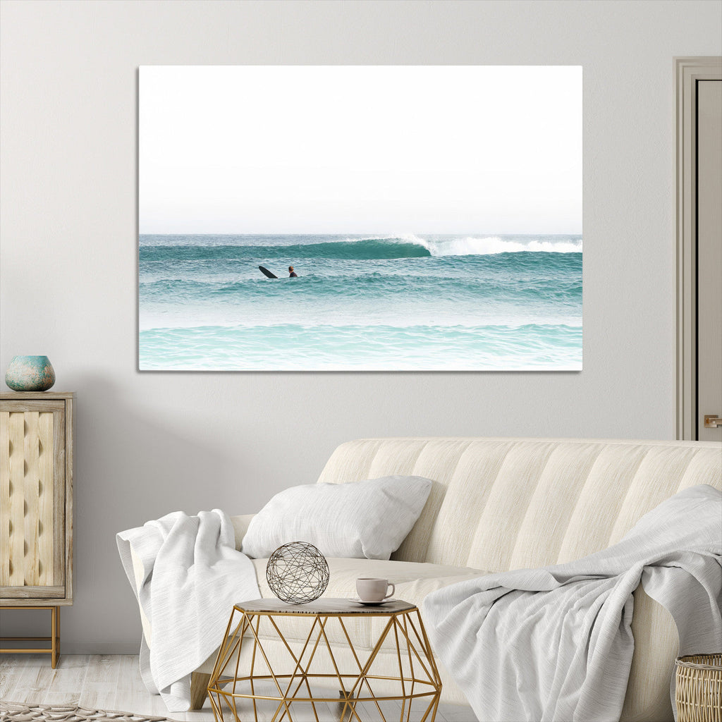 Surfing Wall Art Canvas Print, Framed Minimalist Ocean Waves Beach Art
