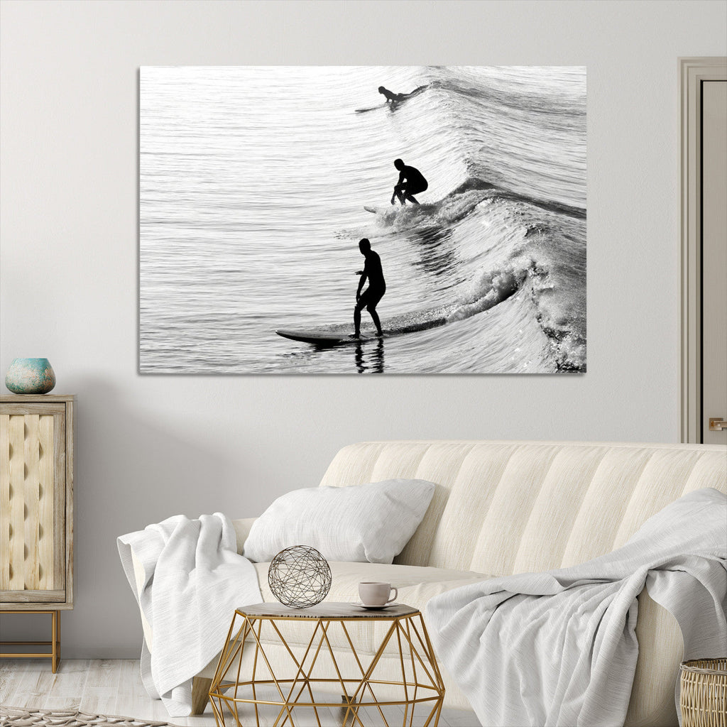 Surfers on Waves Wall Art Canvas Print | Framed Black and White Surf