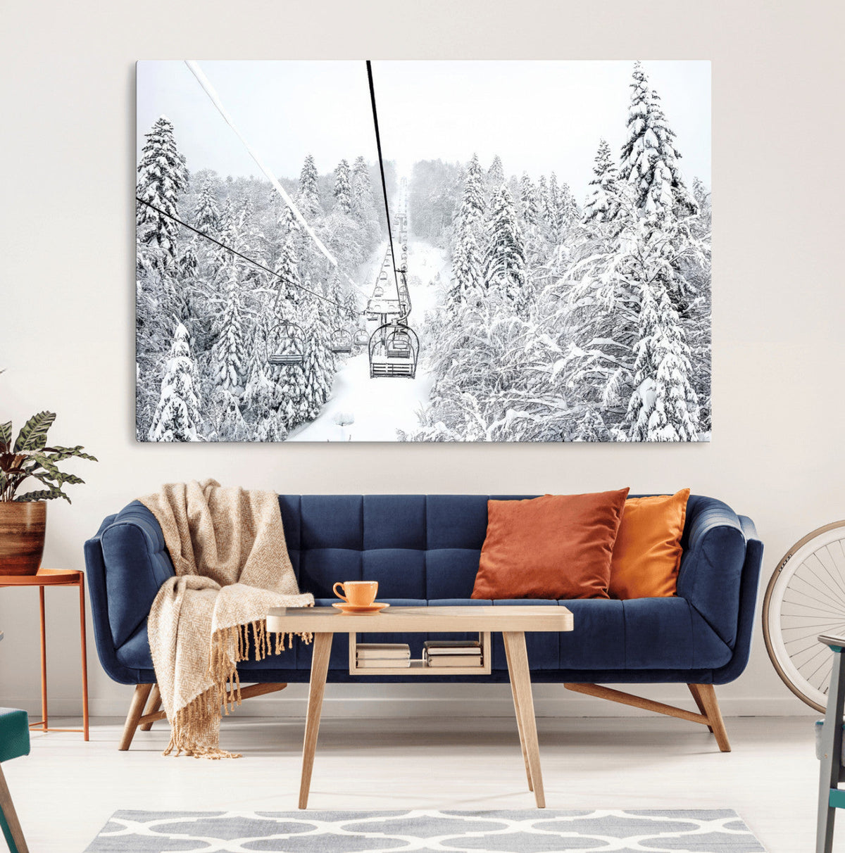 Snowy Ski Lift Wall Art | Framed Winter Mountain Canvas