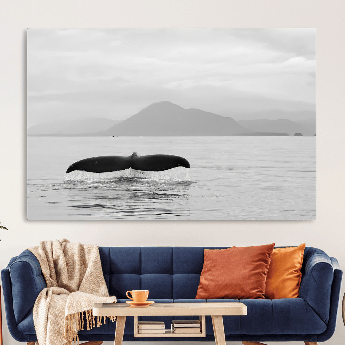 Whale Tail Wall Art | Framed Black White Ocean Canvas