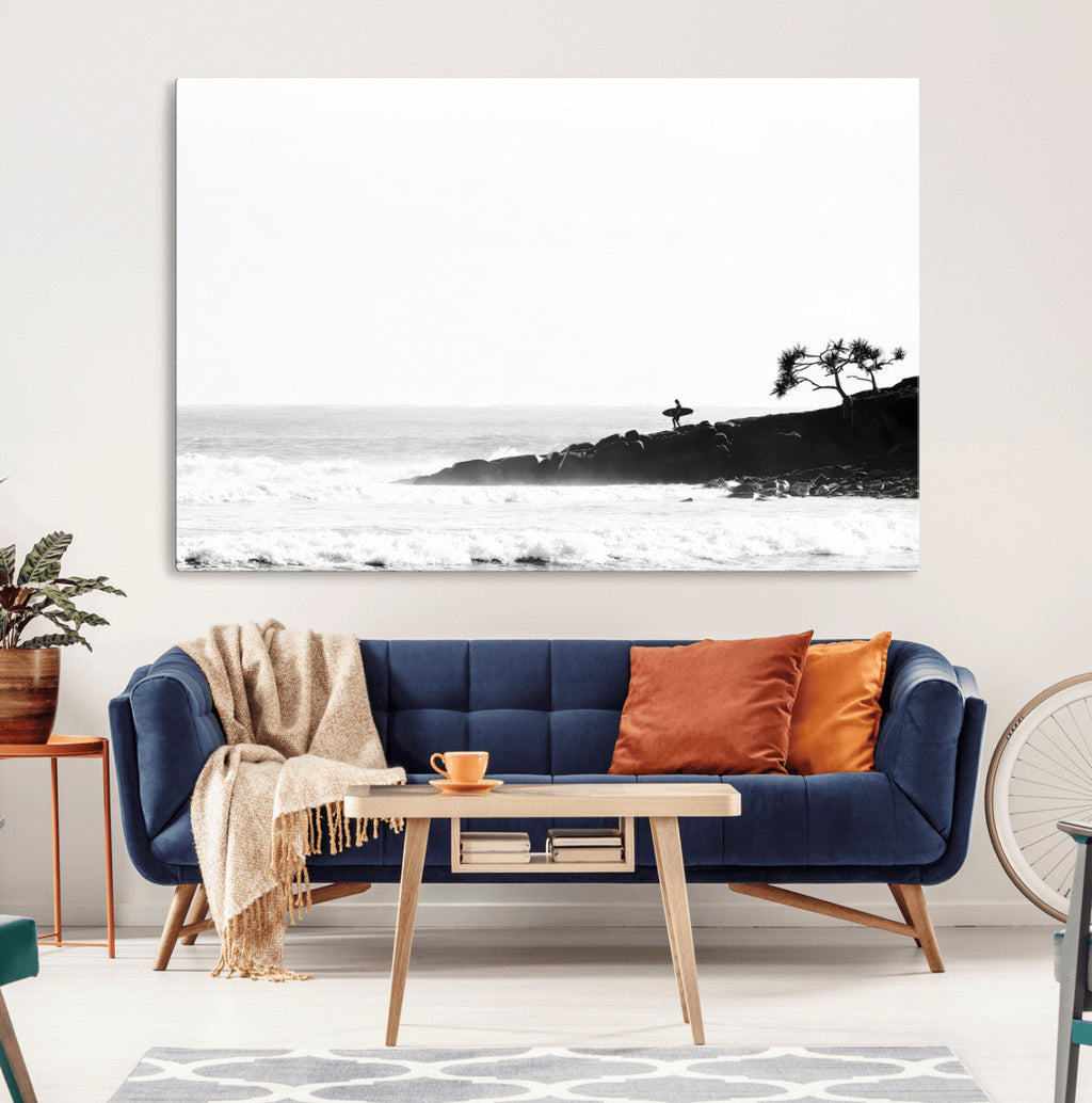 Surfer Cliffs Wall Art Canvas Print, Framed Black White Beach and Ocean Waves