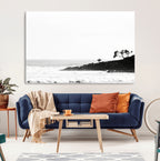 Surfer Cliffs Wall Art Canvas Print, Framed Black White Beach and Ocean Waves