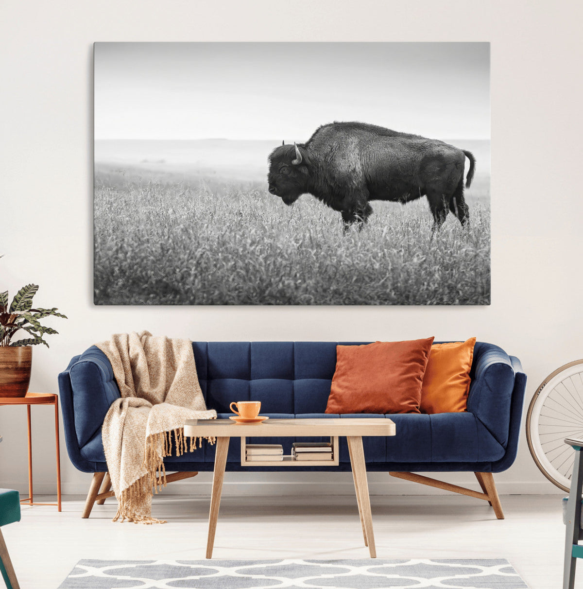 Bison Wall Art Canvas Print, Framed Rustic Wildlife Scene with Wild Buffalo