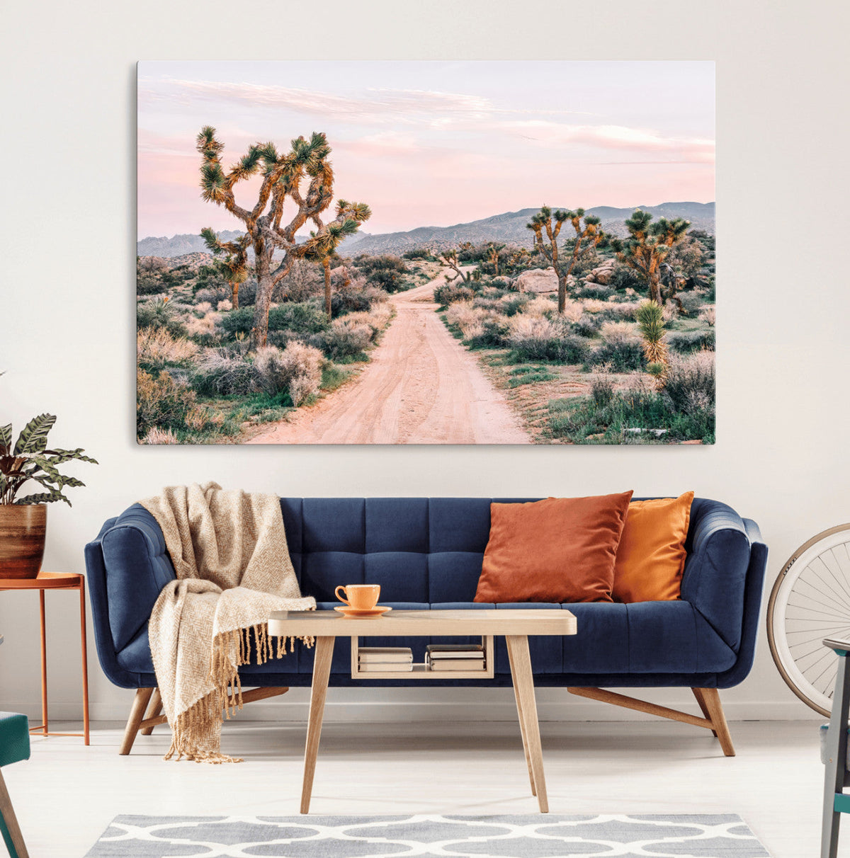 Joshua Tree Wall Art Canvas Print, Framed Desert Road Scene at Sunset