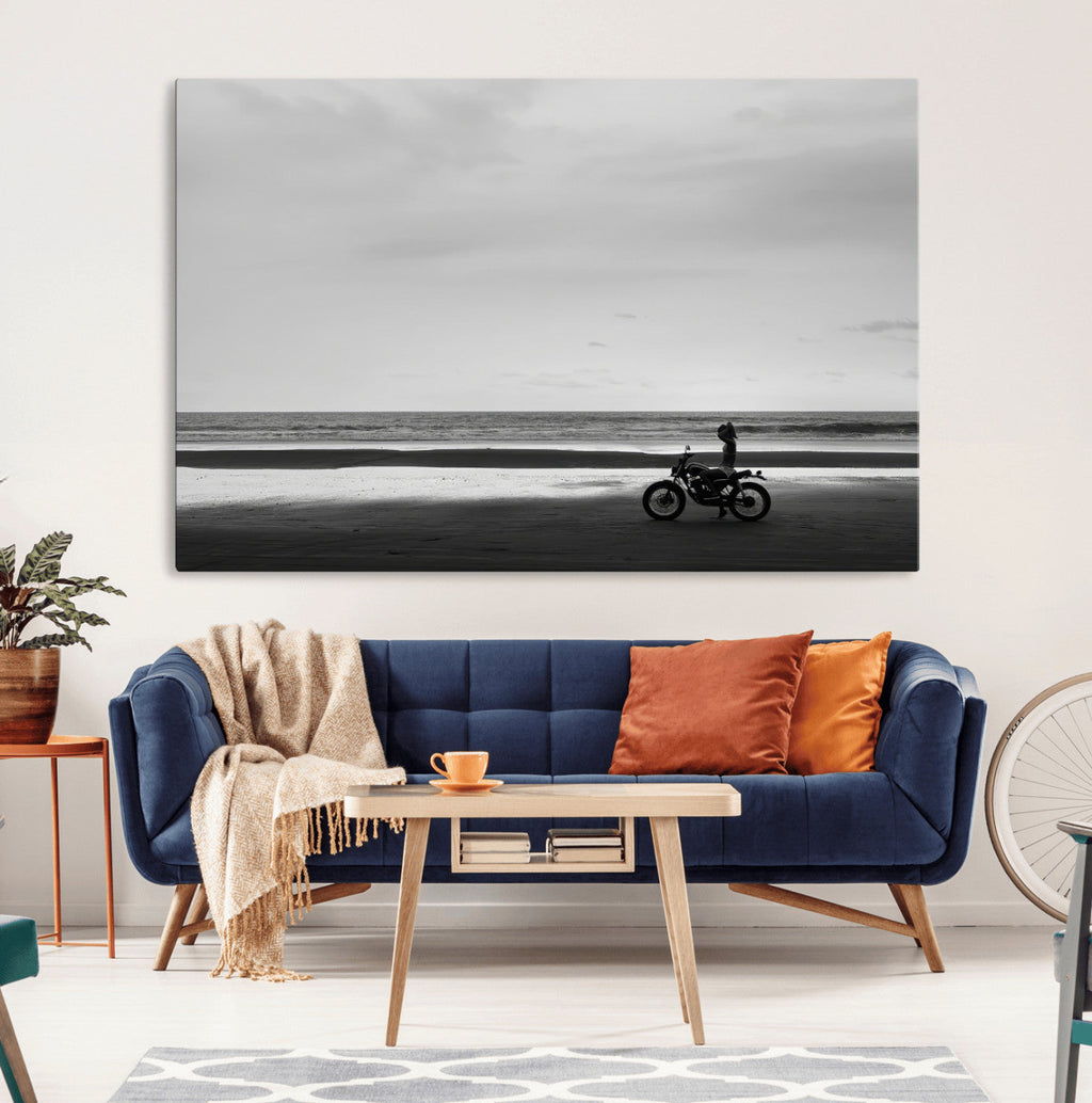 Motorcycle Beach Wall Art Canvas Print, Framed Vintage Motorcycle and Biker Silhouette